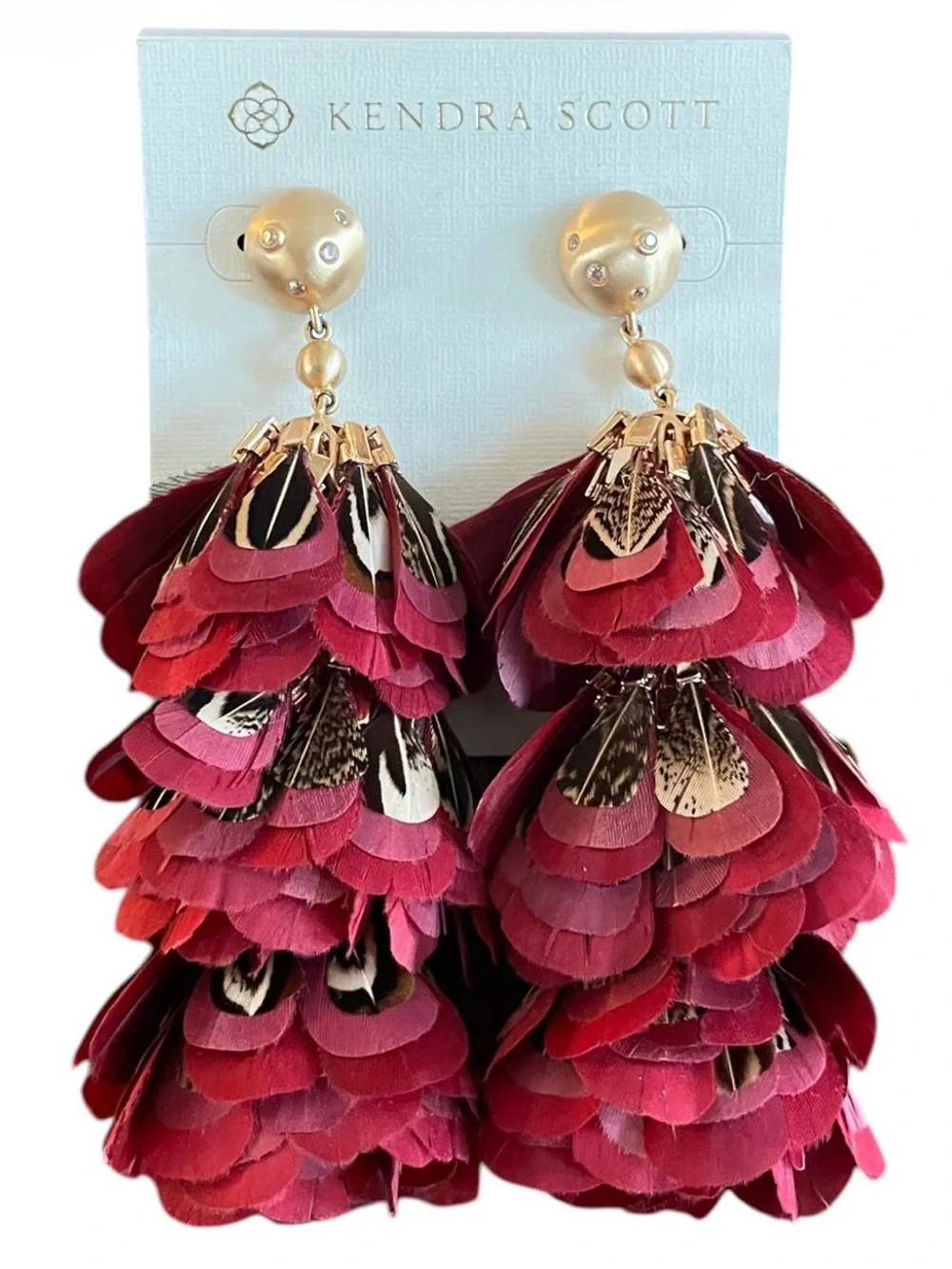 Kendra Scott Lenni Burgundy Feather Statement Earrings Gold Tone Tiered Tassel